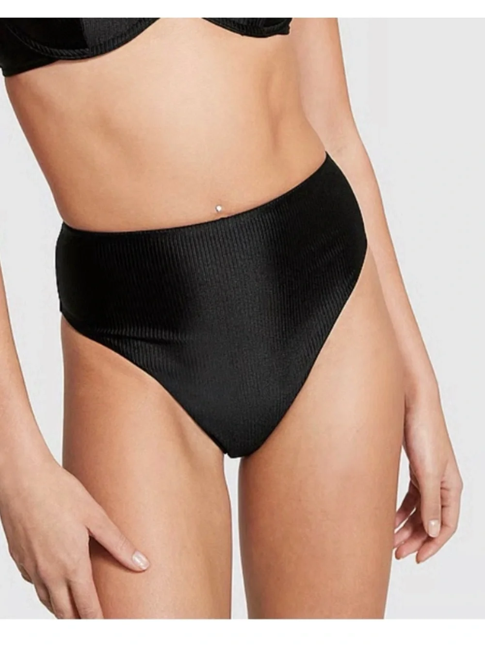 PINK Victoria's Secret Black Ribbed High-Cut Bikini Bottoms